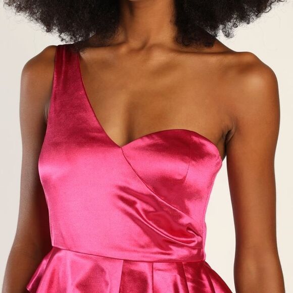 NWT Lulus Flirtatious Energy Pink Satin One-Shoulder Bodycon Mini Dress - Picture 4 of 8
